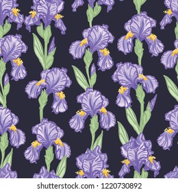 Hand Drawn Seamless Floral Pattern with Irises - vector illustration