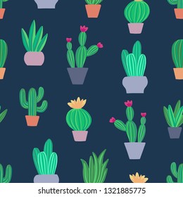 Hand drawn seamless floral pattern with different cactus succulents in pots. Cute background with cacti. Perfect for  textile, fabric. Vector illustration