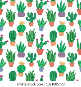 Hand drawn seamless floral pattern with different cactus succulents in pots. Cute background with cacti. Perfect for  textile, fabric. Vector illustration