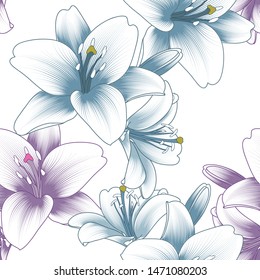 Hand drawn seamless floral pattern with purple lily flowers and tropical leaves. Vector illustration. Element for design.