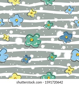 Hand Drawn Seamless Floral Pattern with white stripes texture. Pastel Color of Blue. Modern textile. Vector Illustration.