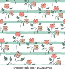 Hand Drawn Seamless Floral Pattern with blue stripes texture. Pastel Color of pink. Modern textile. Vector Illustration.