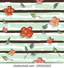 Hand Drawn Seamless Floral Pattern with black stripes texture. Pastel Color of Blue. Modern textile. Vector Illustration.