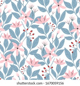 Hand drawn seamless floral pattern on whitebackground. Cherry blossom and leaves. Modern botanical illustration. Flower seamless pattern. Vector illustration eps 10