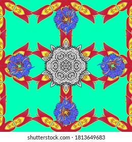 Dibujado a mano. Patrón floral sin foco en el estilo folk con flores, hojas. Ilustración vectorial.