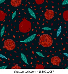 Hand drawn seamless floral pattern with decorative pomegranate fruits and leaves. Floral repeating background. Natural print texture. Wallpaper.