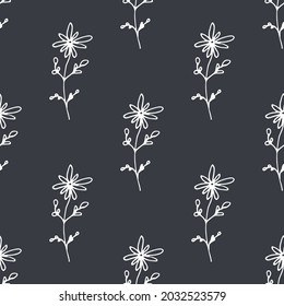 Hand drawn seamless floral pattern. Simple black and white pattern. Doodle vector illustration.