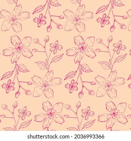 Handgezeichnet nahtloses Blumenmuster mit schönen Sakuraästen einzeln auf hellrosa Hintergrund. Kute botanische Ornamente. Vektorgrafik.