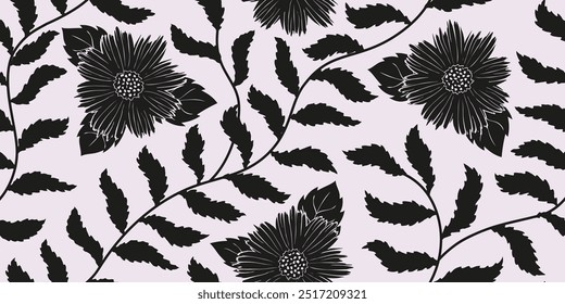 Dibujado a mano sin fisuras patrón floral silueta de vides con hermosas flores. Diseño para textil, tela, Fondo de pantalla, fundas, tarjetas, arte de la pared, carteles y decoración.