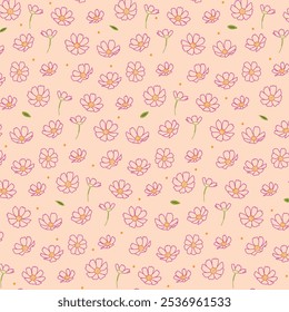 Hand drawn seamless floral pattern. Outlined Cosmos Flowers. Vector cute print for wallpaper or wrap paper. 