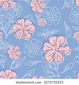Hand drawn seamless floral pattern with pink flowers on blue background vector illustration