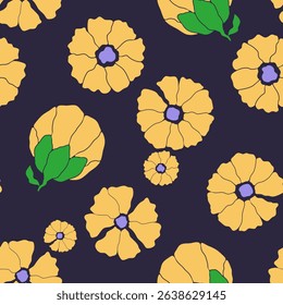 Hand drawn seamless floral pattern, Naive whimsical print for textile, home decor