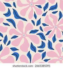 Hand drawn seamless floral pattern. Charming botanical background for fabric design, wrapping paper. Colorful endless pattern in flat style with beautiful abstract flowers