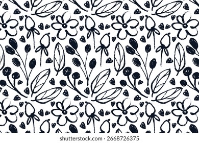 Hand Drawn Seamless Floral Pattern with Black Doodle Flowers, Leaves, and Hearts on White Background. Cute botanical sketch design for fabric, wrapping paper, and stationery.