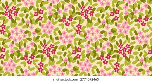 Hand Drawn Seamless Floral Pattern with Red and Pink Flowers, Botanical Background for Fabric and Textile Design, Spring Vector