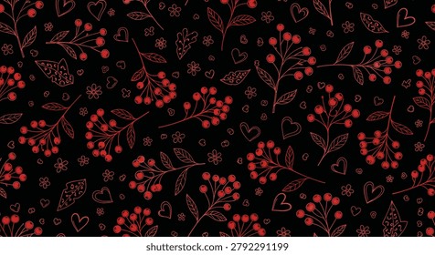 Hand drawn seamless floral pattern with red berry branches, leaves, and hearts on a dark black background for textile design.