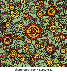 Hand drawn seamless floral pattern. Flowers and leaves. Gorgeous endless pattern. Ornate floral background can be used for wallpaper, pattern fills, web page background, surface textures.