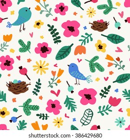 Hand drawn seamless floral pattern with birds