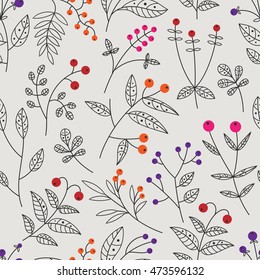 Hand drawn seamless floral pattern for fabric print. Linear simple background with branches and autumn berries. Vector illustration. 