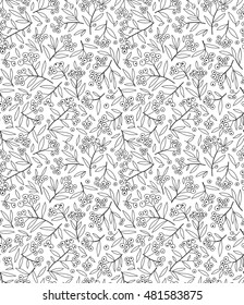 Hand drawn seamless floral pattern. Simple background with branches and autumn berries. Small berries, leaves and twigs. Ditsy print. Seamless vector texture. Elegant template for fashion prints.