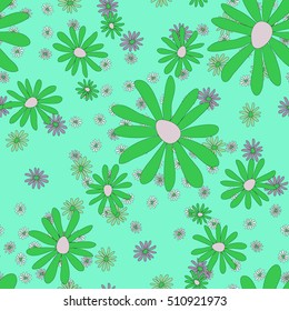 hand drawn seamless floral pattern with daisy flowers in green and purple. Good for fabric, textile, wrapping, cards