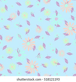Hand drawn seamless floral pattern in pastel colors. Delicate small flowers and leaves on light background for textile, wallpaper, fabric, cloth, paper, wrapping