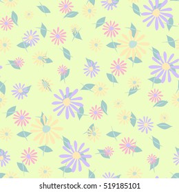 Hand drawn seamless floral pattern in pastel colors. Delicate small flowers and leaves on light background for textile, wallpaper, fabric, cloth, paper, wrapping