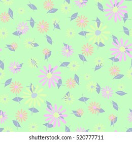 Hand drawn seamless floral pattern in pastel colors. Delicate small flowers and leaves on light background for textile, wallpaper, fabric, cloth, paper, wrapping