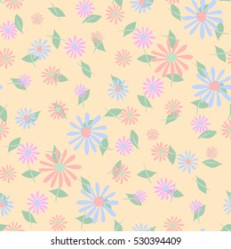 Hand drawn seamless floral pattern in pastel colors. Delicate small flowers and leaves on light background for textile, wallpaper, fabric, cloth, paper, wrapping
