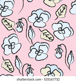 Hand drawn seamless floral pattern with pansies. Floral vintage background for textile, cover, wallpaper, gift packaging, printing, scrapbooking.