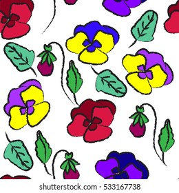 Hand drawn seamless floral pattern with pansies. Floral vintage background for textile, cover, wallpaper, gift packaging, printing, scrapbooking.