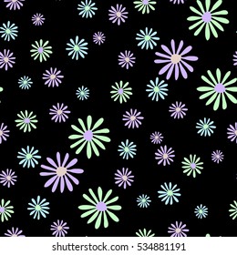 Hand drawn seamless floral pattern. daisy flowers drawn in pastel colors on black background