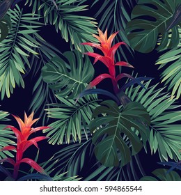 Hand Drawn Seamless Floral Pattern With Guzmania Flowers, Monstera And Royal Palm Leaves. Exotic Hawaiian Vector Background.