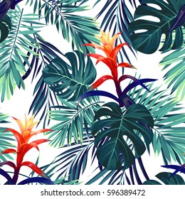 Hand drawn seamless floral pattern with guzmania flowers, monstera and royal palm leaves. Exotic hawaiian vector background.