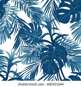 Hand drawn seamless floral pattern with guzmania flowers, monstera and royal palm leaves. Exotic hawaiian vector background.
