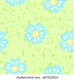 Hand drawn Seamless floral pattern with blue flowers on a green background. Colorful spring texture. Can be used as Wallpaper, filling for a website. Vector illustration