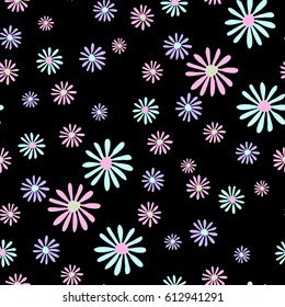 Hand drawn seamless floral pattern. daisy flowers drawn in pastel colors on black background