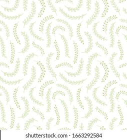 Hand drawn seamless floral vector pattern with green grasses, leaves on white background. Scandinavian style flat design. Concept for Easter, spring day kids textile print, wallpaper, paper, packaging