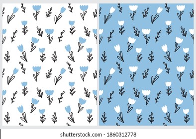 Hand Drawn Seamless  Floral Vector Patterns Set. Black Twigs and Blue Flowers Isolated on a Light Blue and White Background. Abstract Garden Repeatable Print ideal for Fabric, Textile, Wrapping Paper.