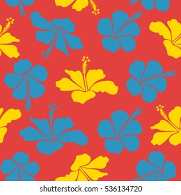 Hand drawn seamless flower illustration. Seamless pattern of pink, blue and yellow hibiscus floral background. Vector sketch of many pink, blue and yellow flowers.
