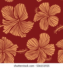 Hand drawn seamless flower illustration. Seamless pattern of red and orange hibiscus floral background. Vector sketch of many red and orange flowers.