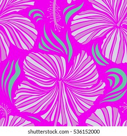 Hand drawn seamless flower illustration. Seamless pattern of magenta, neutral and pink hibiscus floral background. Vector sketch of many magenta, neutral and pink flowers.