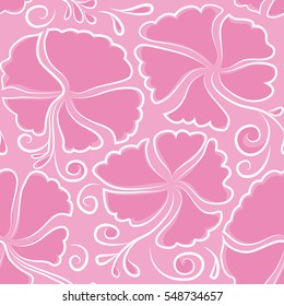 Hand drawn seamless flower illustration. Seamless pattern of pink hibiscus floral background. Vector sketch of many pink flowers.