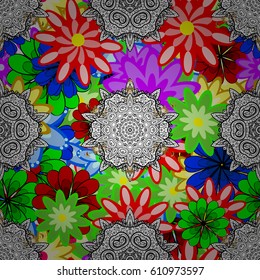 Hand drawn seamless flower illustration. Seamless pattern abstract floral background. Vector sketch of many abstract flowers colorful.