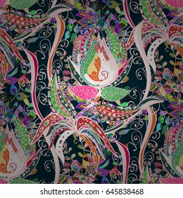 Hand drawn seamless flower illustration. Seamless pattern abstract floral background. Vector sketch of many abstract flowers in blue colors.