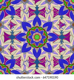 Hand drawn seamless flower illustration. Seamless pattern abstract floral background. Vector sketch of many abstract flowers in blue and pink colors.