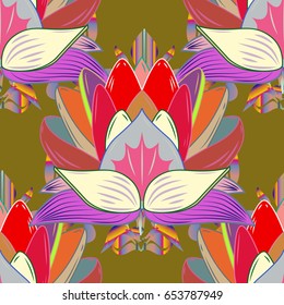 Hand drawn seamless flower illustration. Seamless pattern abstract floral background. Vector sketch of many abstract flowers in colors.