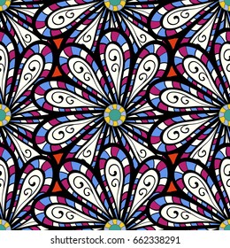Hand drawn seamless flower illustration. Seamless pattern abstract floral background. Vector sketch of many abstract flowers in colorful colors.