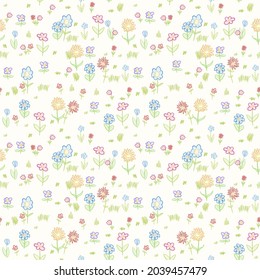 Hand drawn seamless flower texture. Flower fabric vector design. Hand drawn flower doodle pattern.