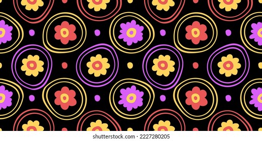 Fondo vectorial de flores sin costura dibujado a mano. Niños dibujando flores de color.